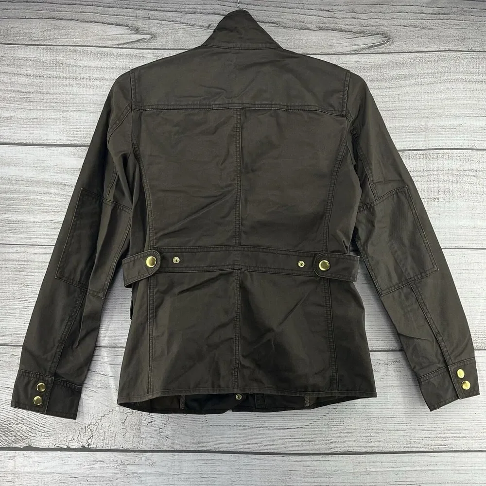 J.Crew Military Utility Jacket Sz XS Waxed Cotton Dark Olive Green Golden Button